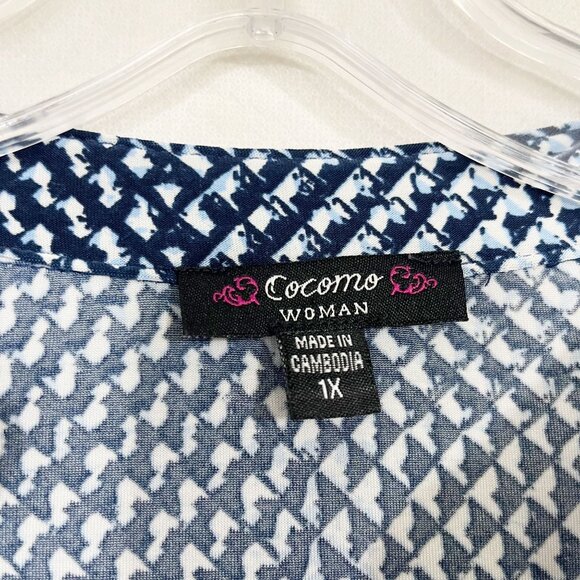 Cocomo Woman Navy Blue & White Geometric Print Jersey Knit Blouse Size 1X - Picture 4 of 7